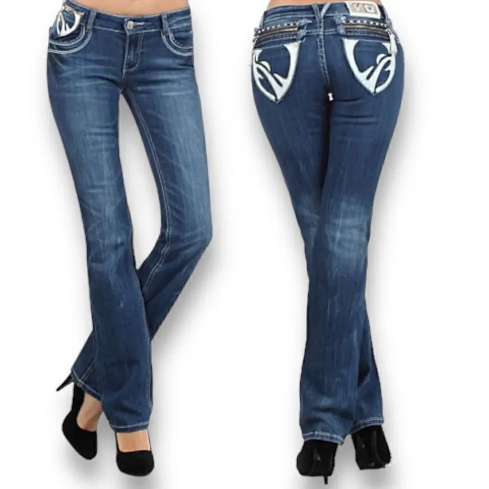 V.O. Jeans | Blue Embellished-Pocket Jeans - Women 30 Boot Cut Low Rise Y2K